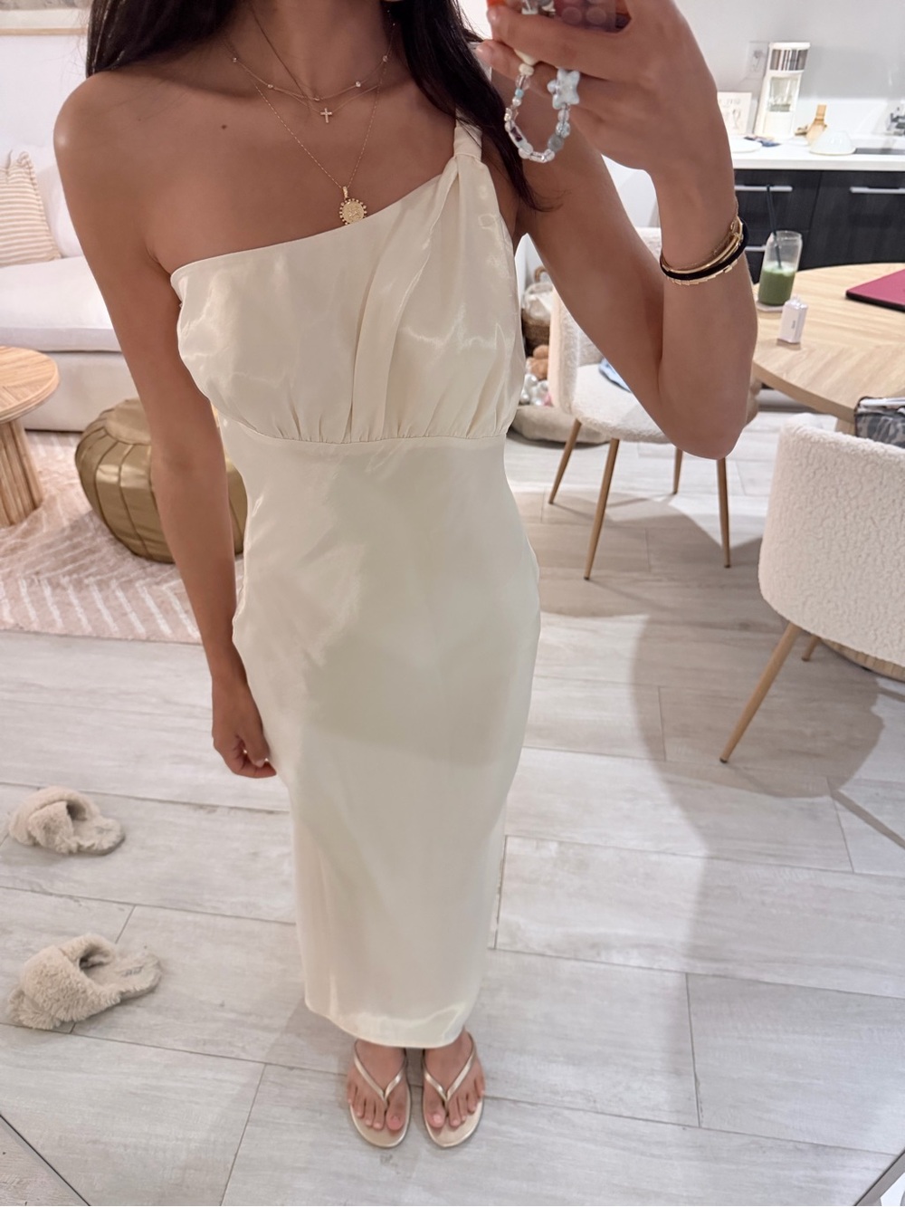 House of Harlow 1960 One-Shoulder Cream Satin Midi Dress